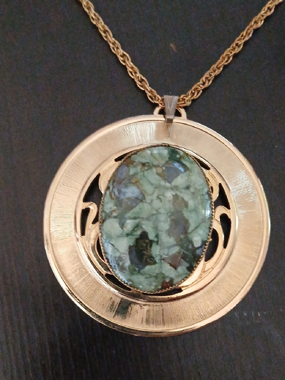 Gold-Tone Necklace with Green Marbled Stone Pendant
